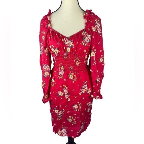 Velvet Torch Women’s Red Ditsy Floral Long Sleeve Ruffle Smock Inset Dress Sz: S - Picture 1 of 8
